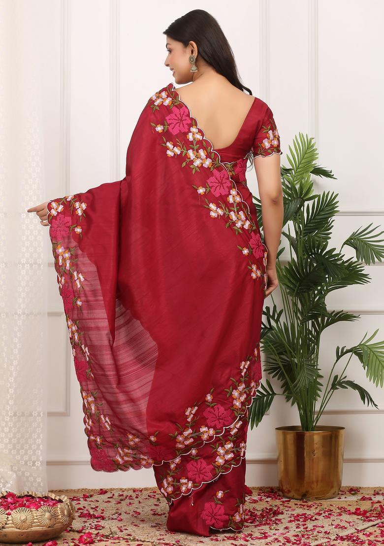 Red Embroidery Silk Saree Set - Indya