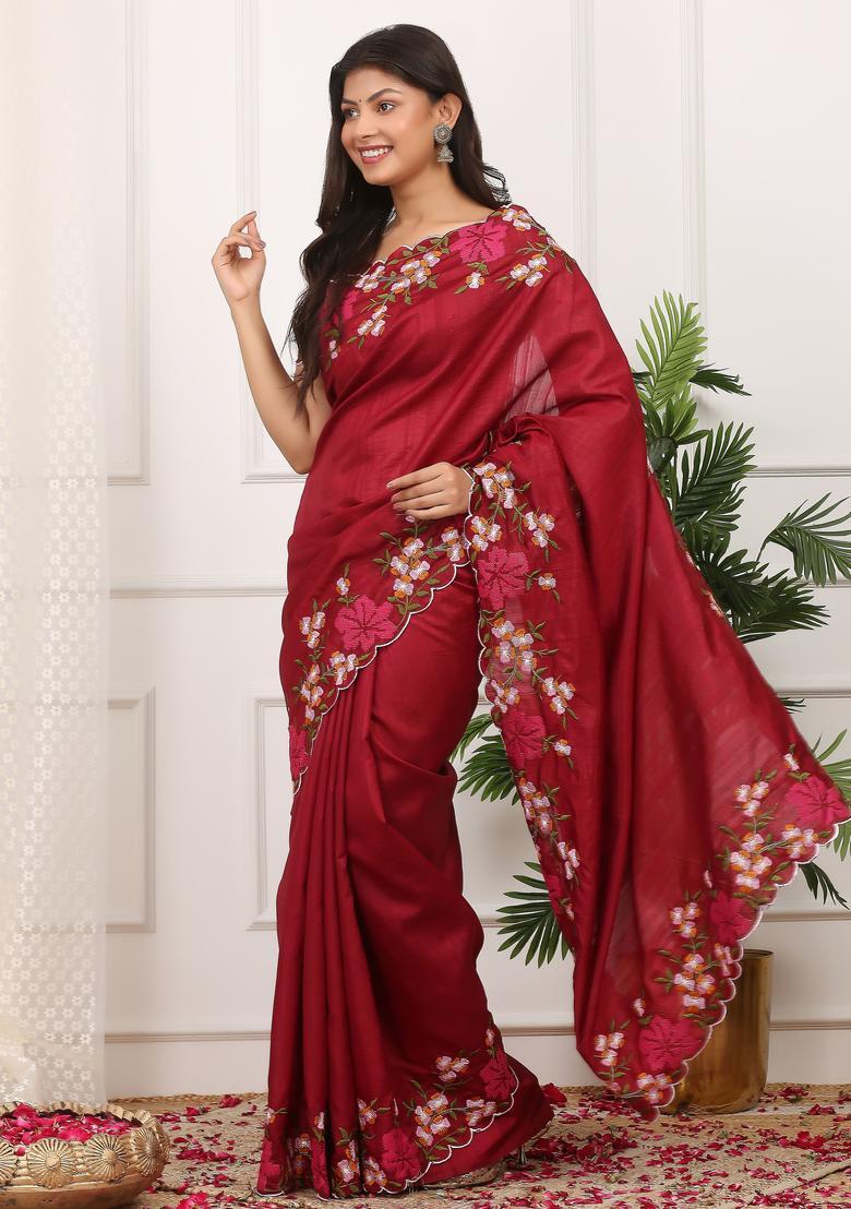 Red Embroidery Silk Saree Set - Indya
