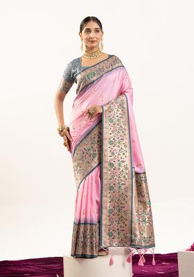 Pink Zari Work Silk Saree Set