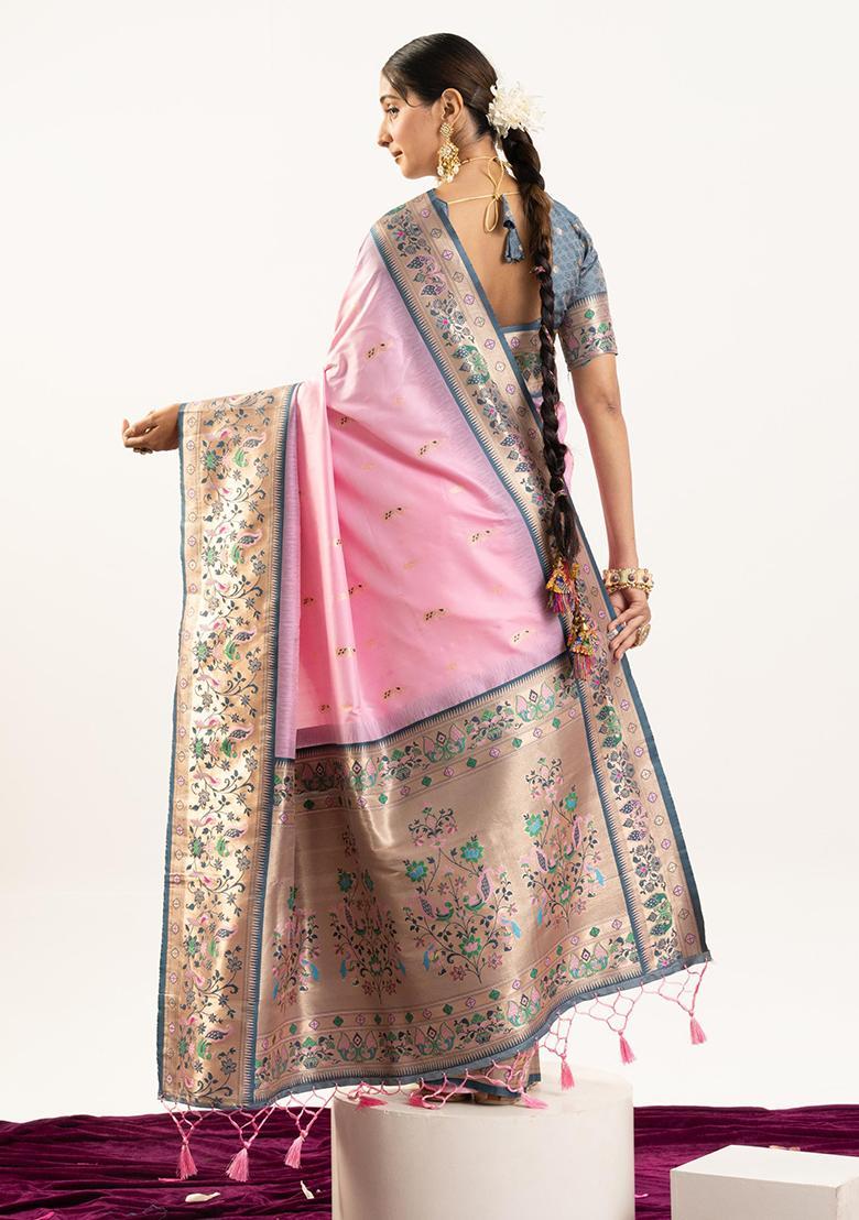 Pink Zari Work Silk Saree Set - Indya