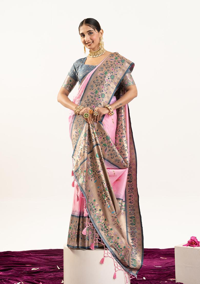 Pink Zari Work Silk Saree Set - Indya