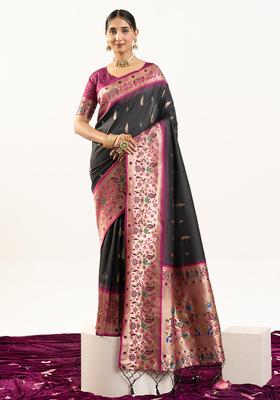 Black Zari Work Silk Saree Set