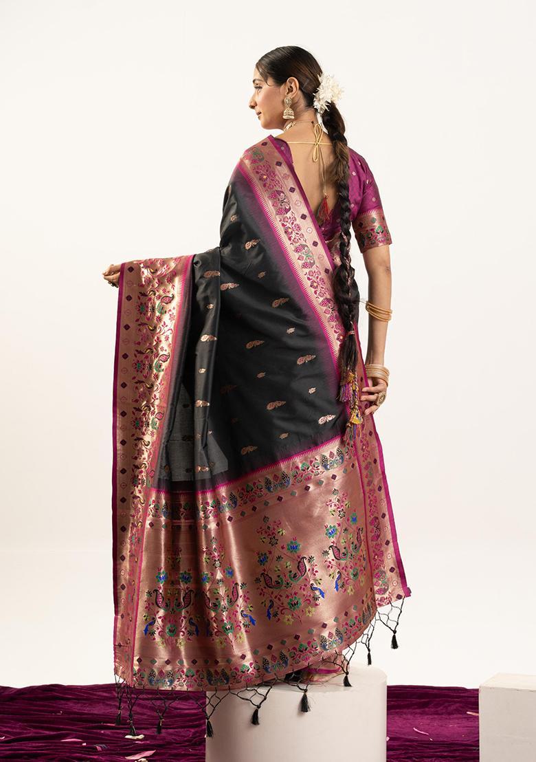 Black Zari Work Silk Saree Set - Indya