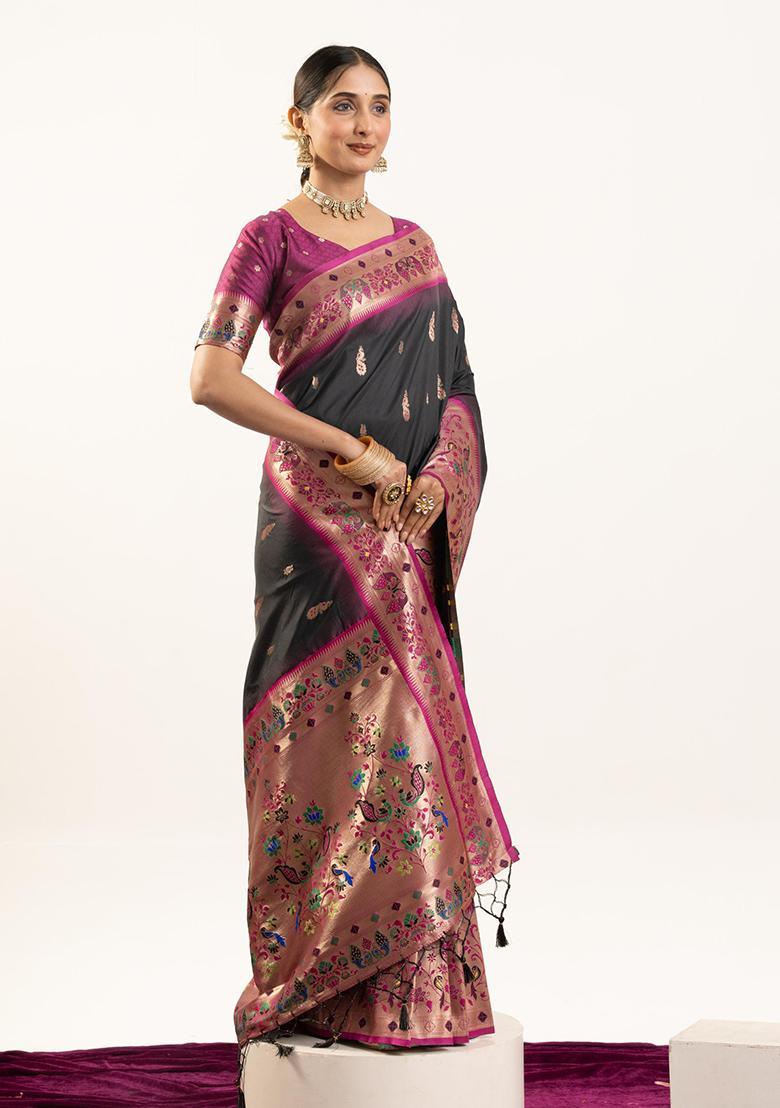 Black Zari Work Silk Saree Set - Indya
