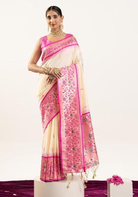 Cream Zari Work Silk Saree Set