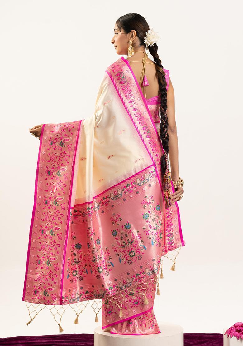 Cream Zari Work Silk Saree Set - Indya
