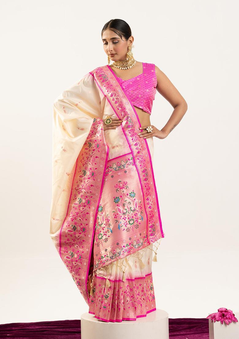 Cream Zari Work Silk Saree Set - Indya