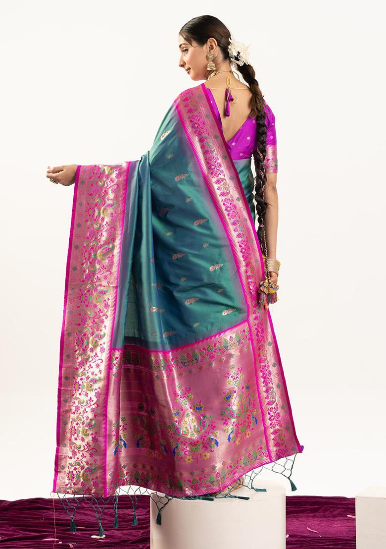 Green Zari Work Silk Saree Set - Indya