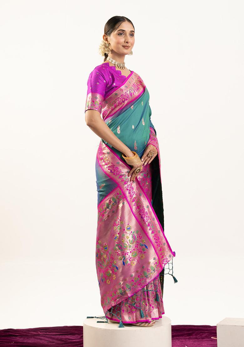 Green Zari Work Silk Saree Set - Indya