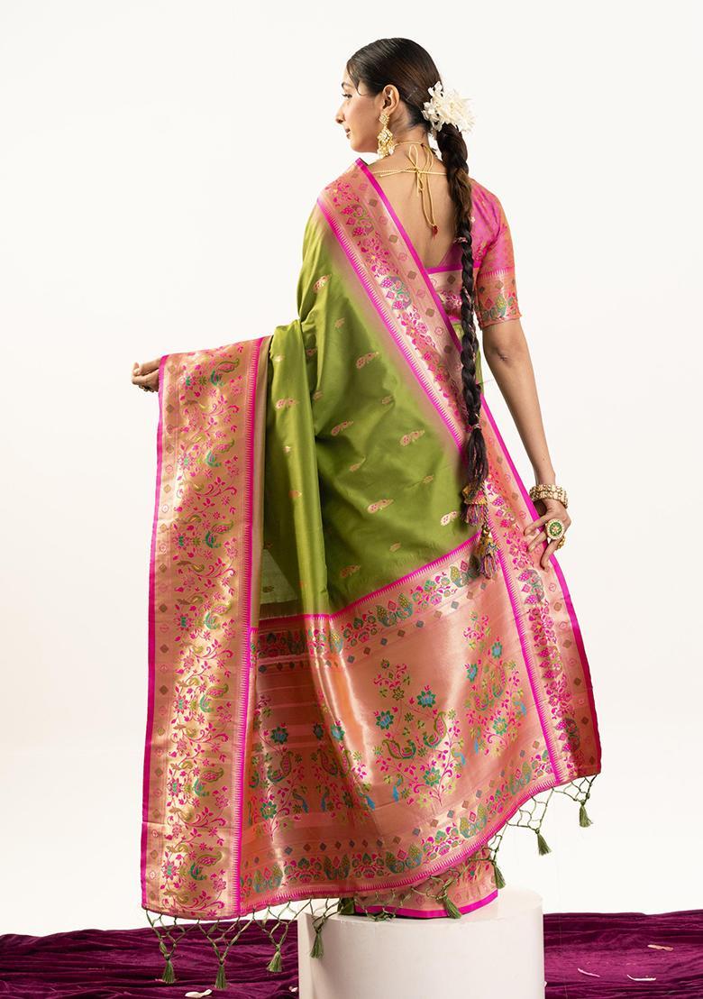 Green Zari Work Silk Saree Set - Indya