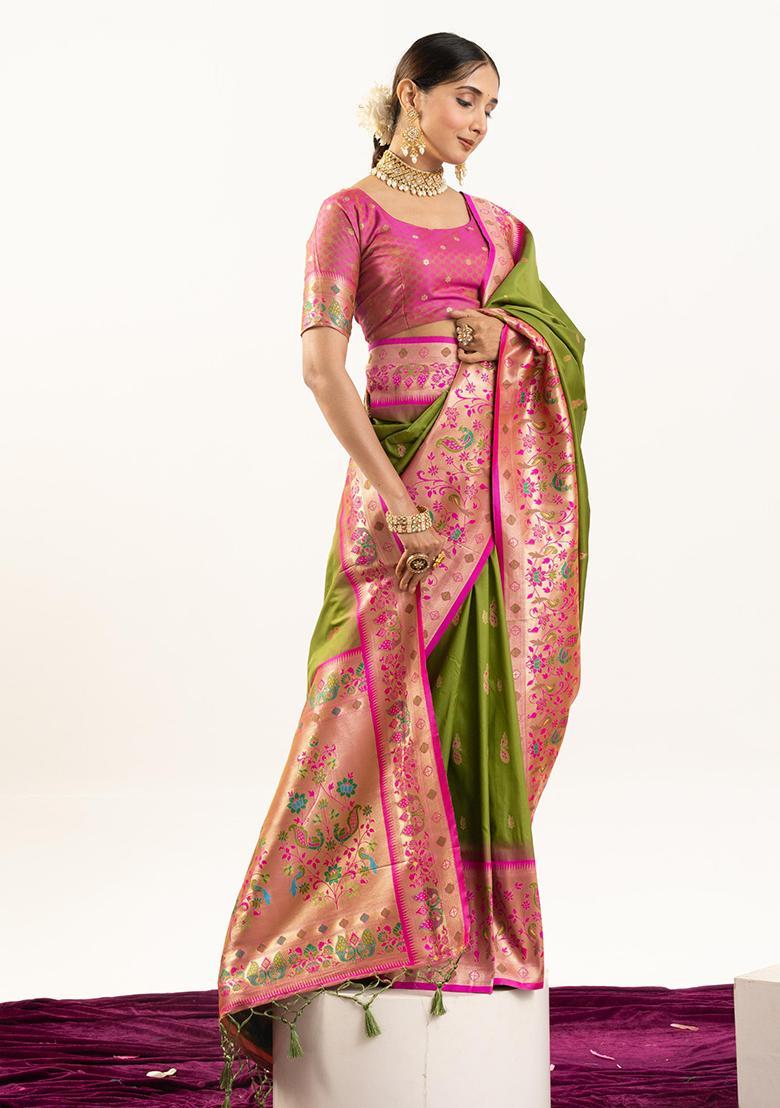 Green Zari Work Silk Saree Set - Indya
