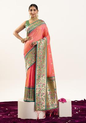 Peach Zari Work Silk Saree Set