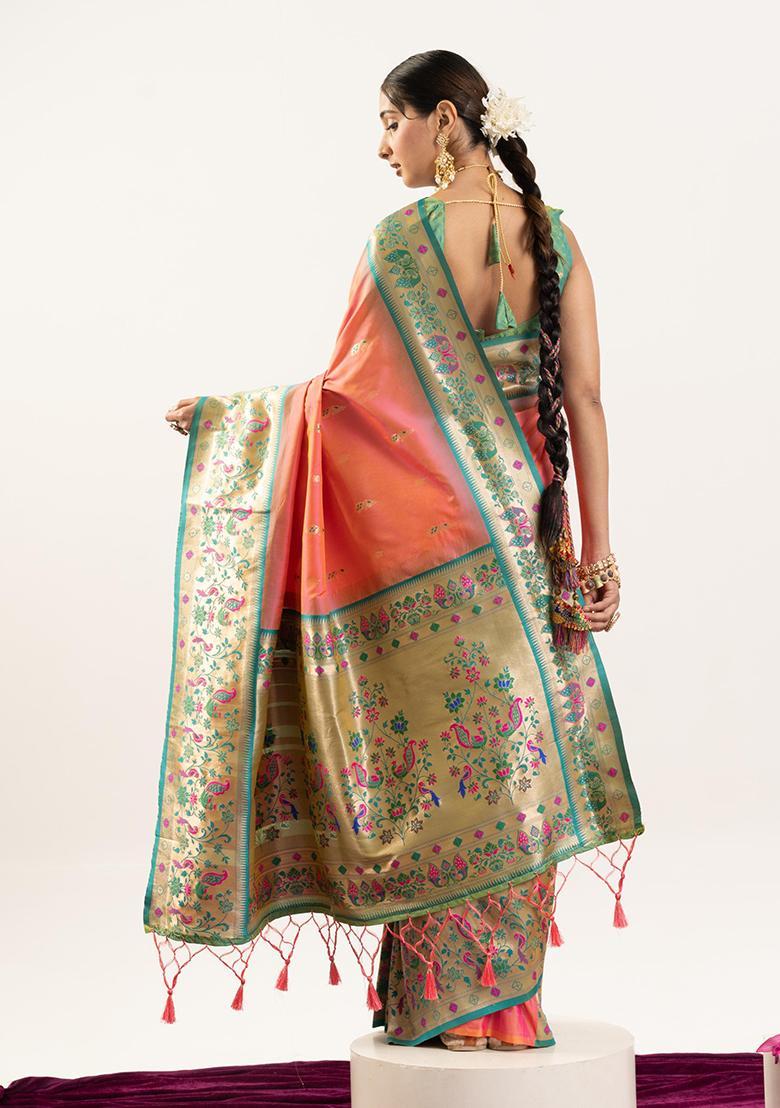 Peach Zari Work Silk Saree Set - Indya