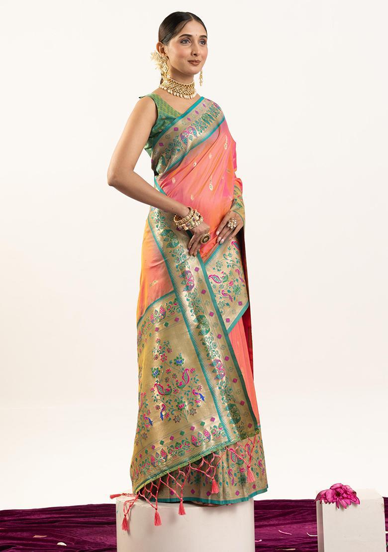Peach Zari Work Silk Saree Set - Indya