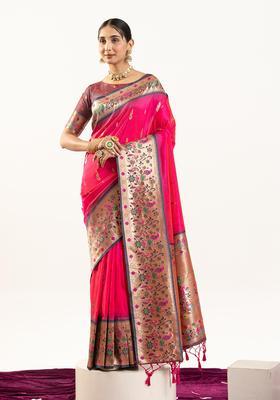 Pink Zari Work Silk Saree Set