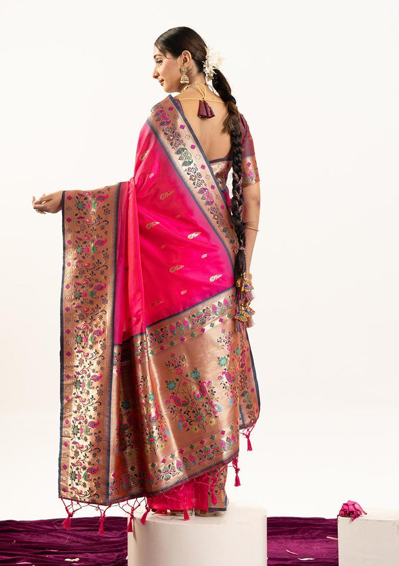 Pink Zari Work Silk Saree Set - Indya