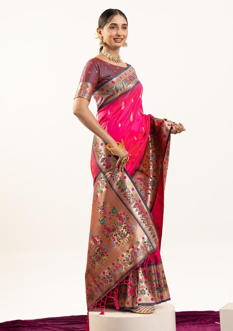 Pink Zari Work Silk Saree Set - Indya