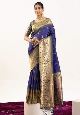 Blue Zari Work Silk Saree Set