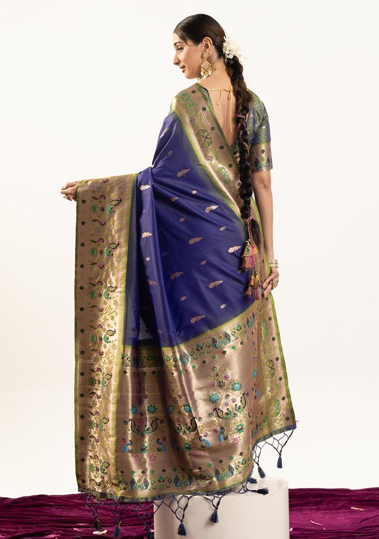 Blue Zari Work Silk Saree Set - Indya