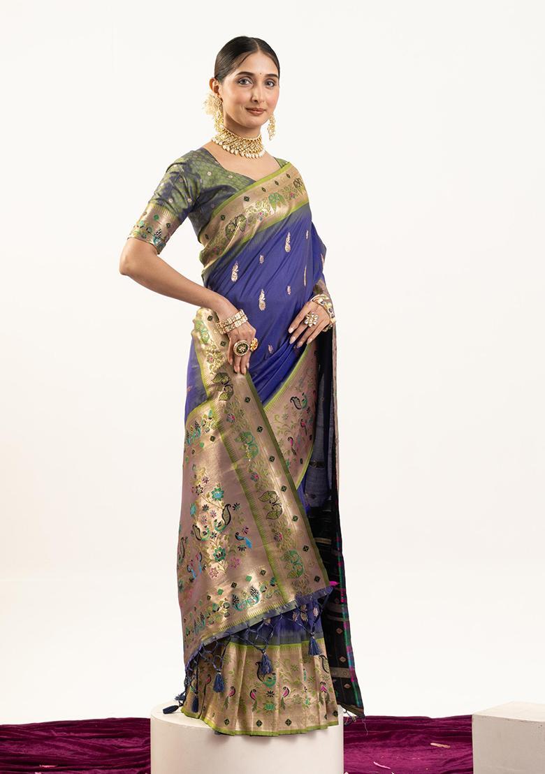 Blue Zari Work Silk Saree Set - Indya