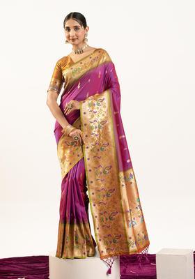 Wine Zari Work Silk Saree Set