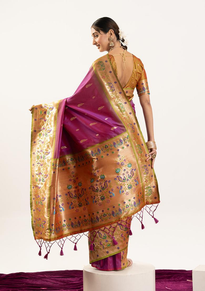 Wine Zari Work Silk Saree Set - Indya