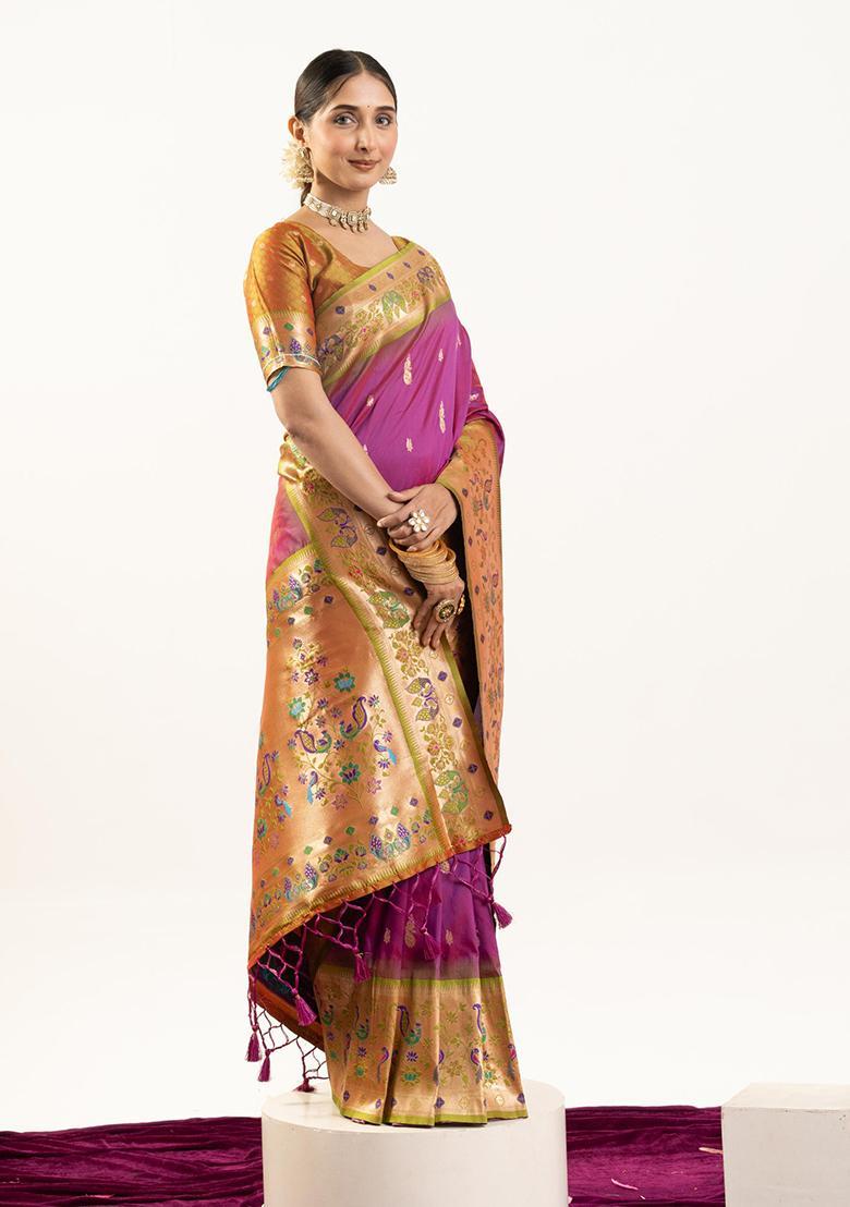 Wine Zari Work Silk Saree Set - Indya