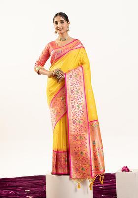 Yellow Zari Work Silk Saree Set