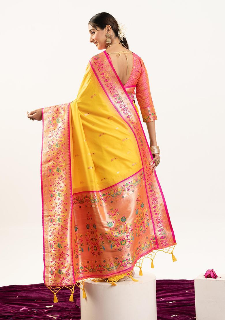 Yellow Zari Work Silk Saree Set - Indya