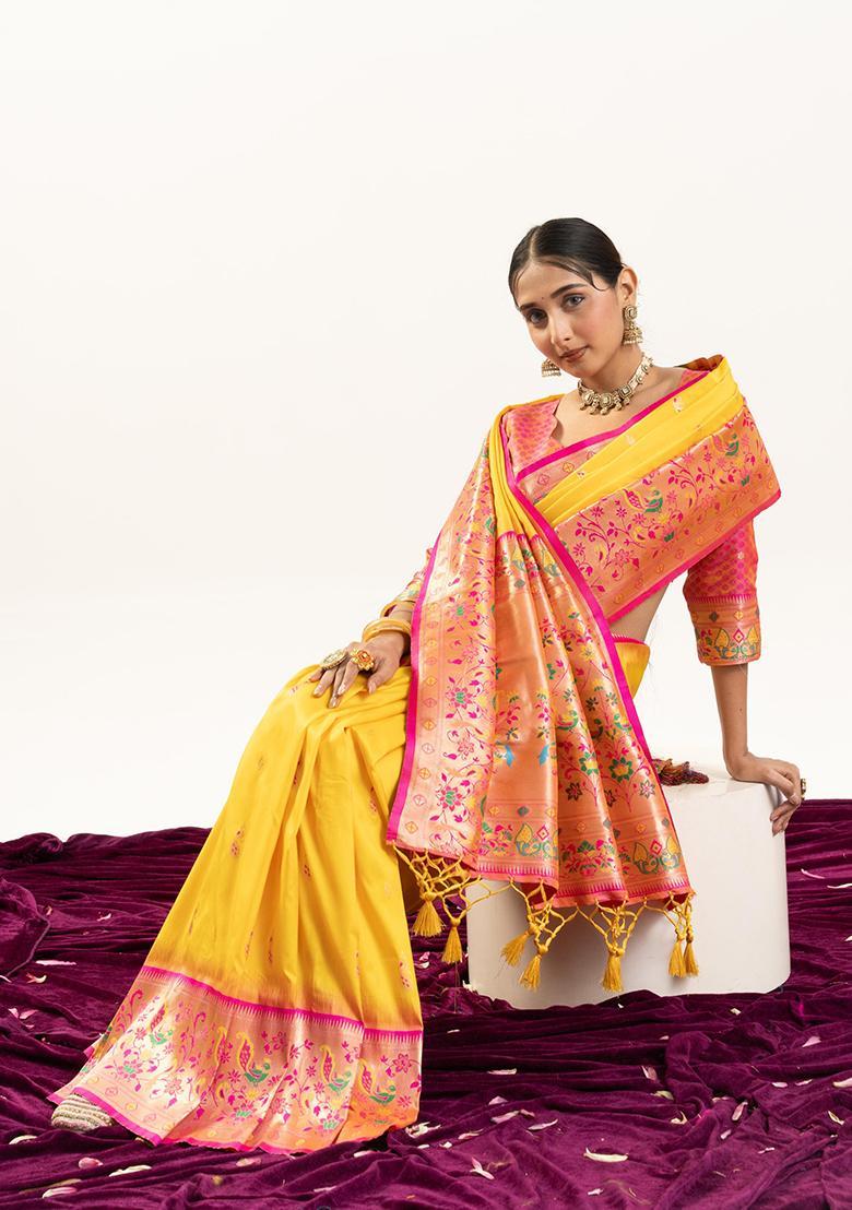Yellow Zari Work Silk Saree Set - Indya