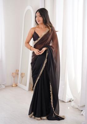 Black Sequin Work Satin Saree Set