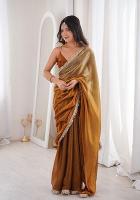 Golden Sequin Work Satin Saree Set