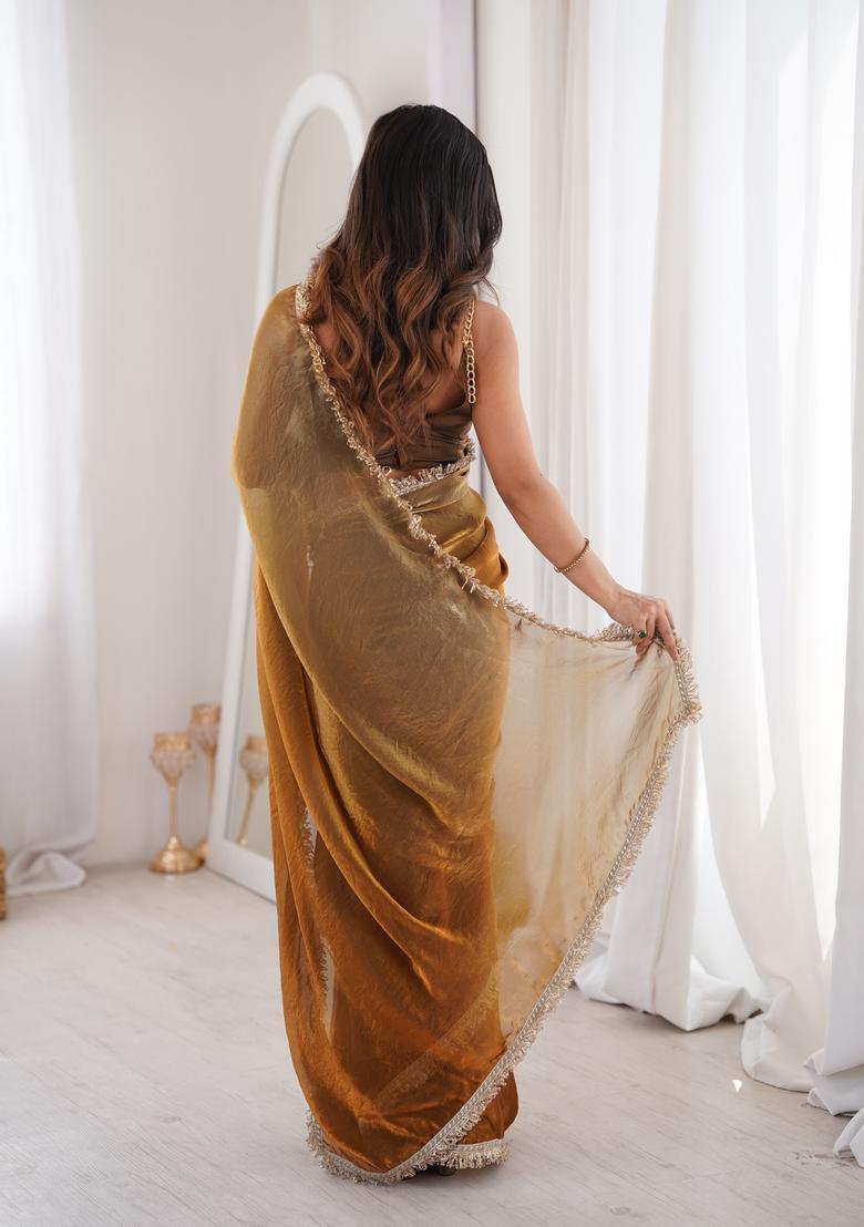 Golden Sequin Work Satin Saree Set - Indya