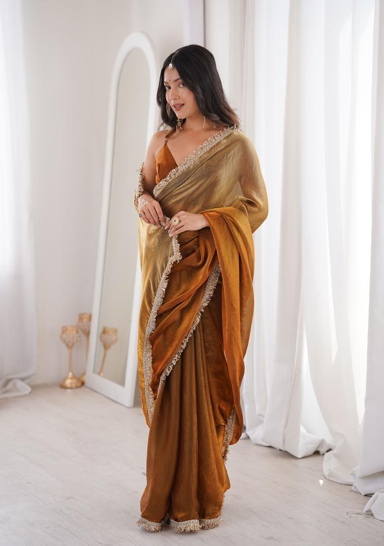 Golden Sequin Work Satin Saree Set - Indya