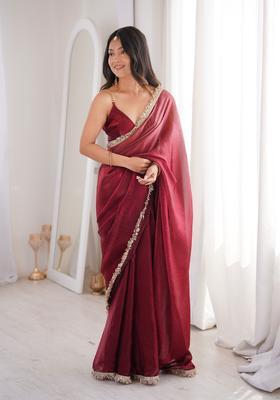 Maroon Sequin Work Satin Saree Set