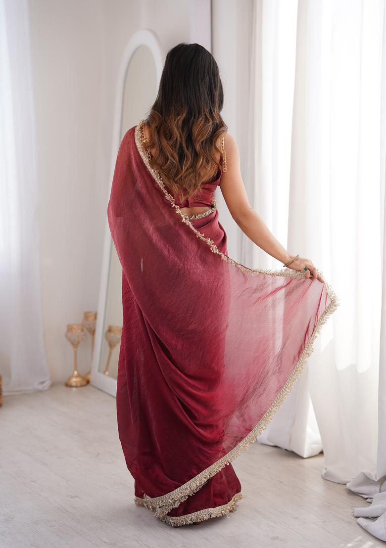 Maroon Sequin Work Satin Saree Set - Indya