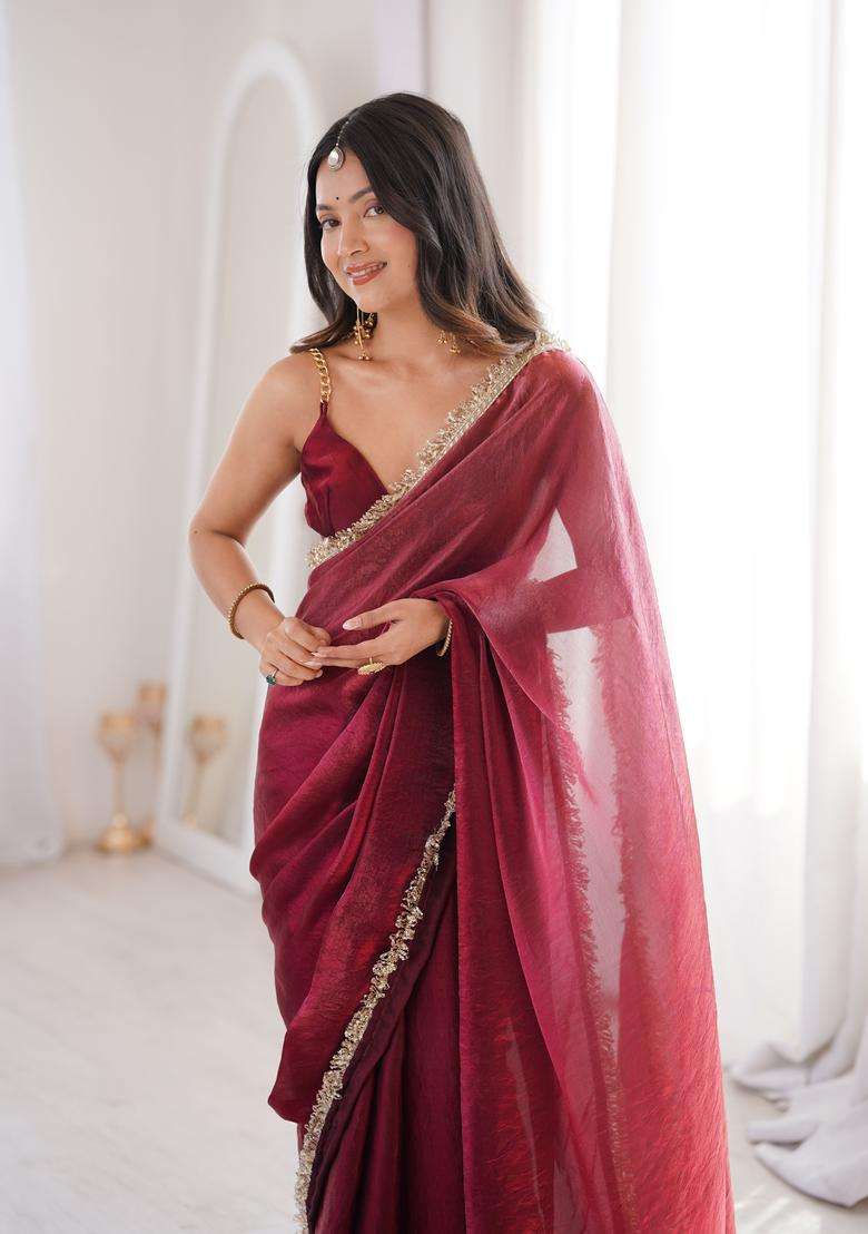 Maroon Work Satin Saree Set with Sequin for Diwali | Wedding & Festive Wear - Indya