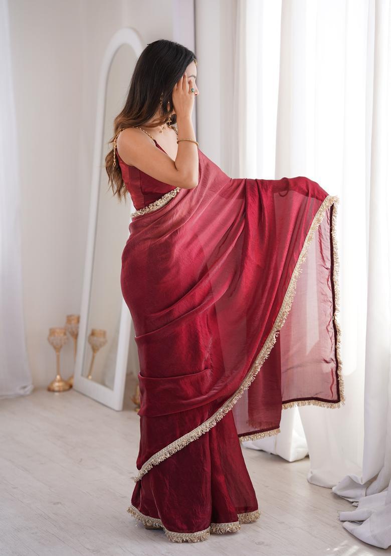 Maroon Sequin Work Satin Saree Set - Indya