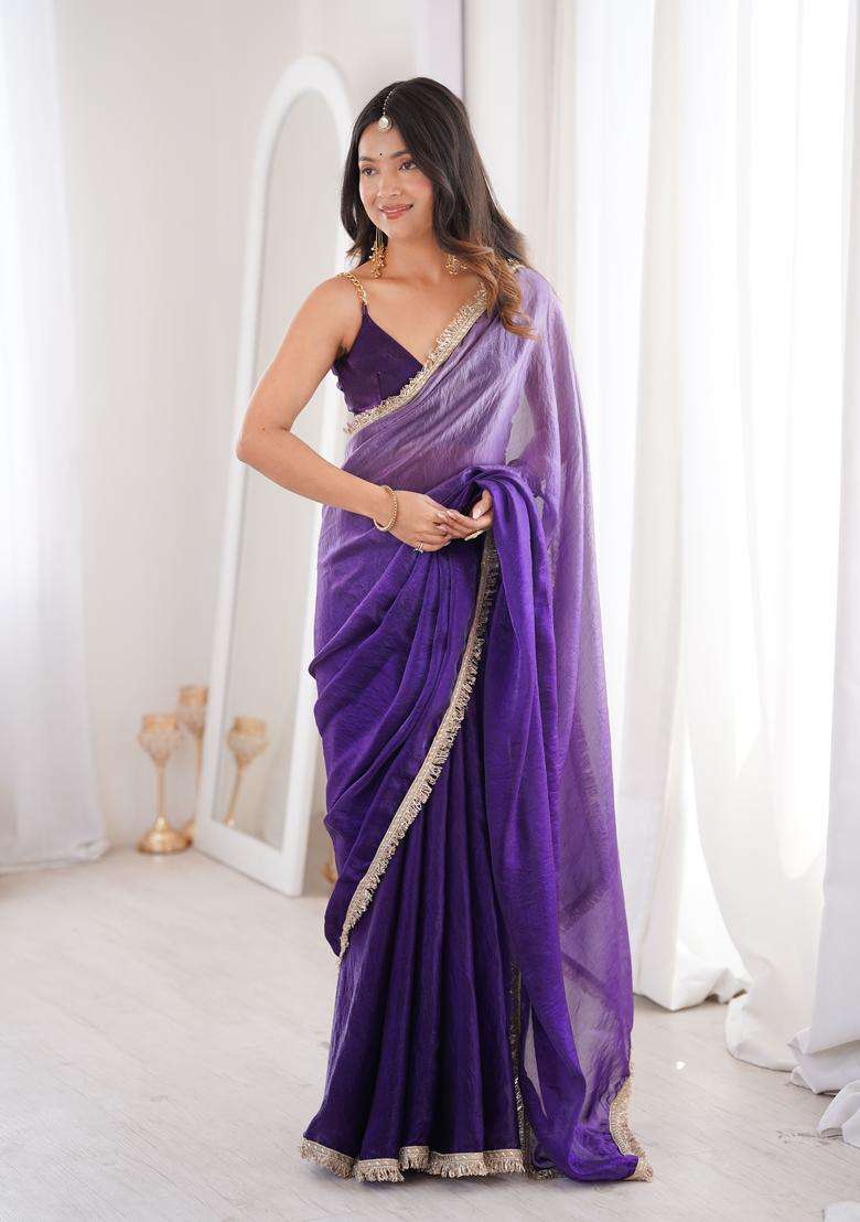 Purple Work Satin Saree Set with Sequin for Diwali | Wedding & Festive Wear - Indya