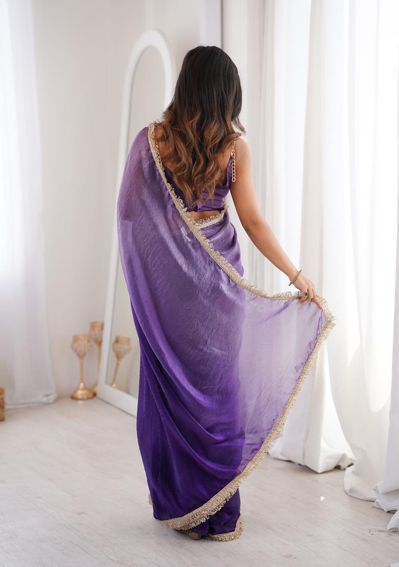 Purple Sequin Work Satin Saree Set - Indya