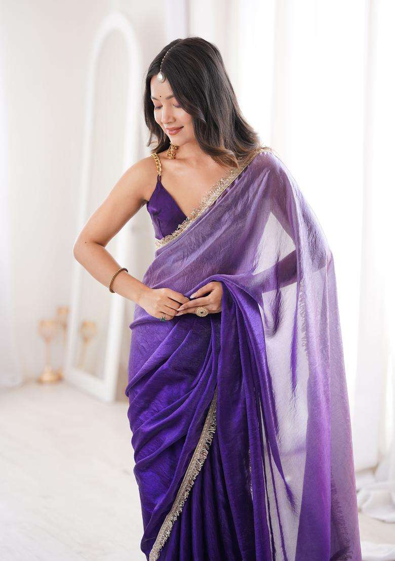 Purple Work Satin Saree Set with Sequin for Diwali | Wedding & Festive Wear - Indya