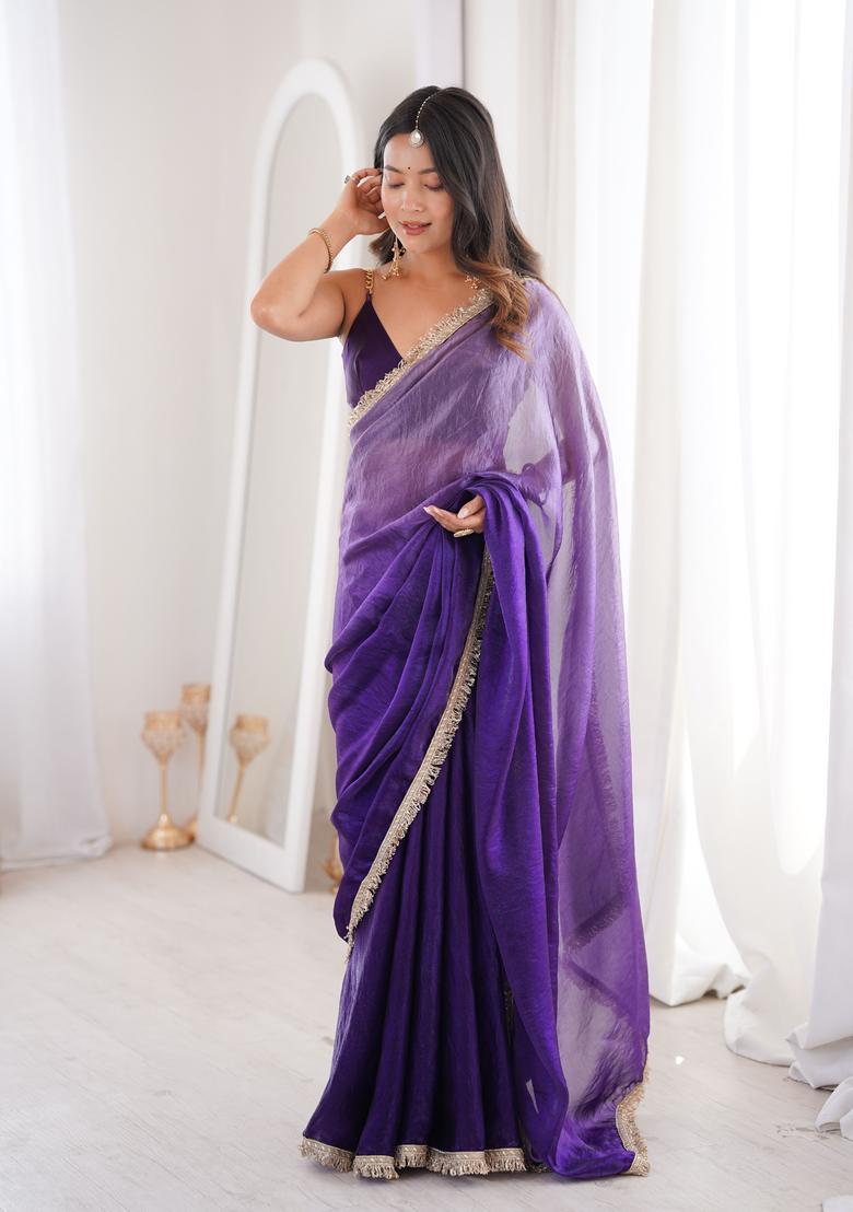 Purple Sequin Work Satin Saree Set - Indya