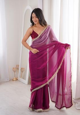 Wine Sequin Work Satin Saree Set