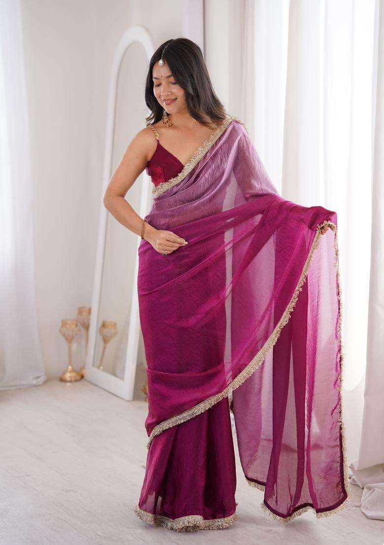 Wine Work Satin Saree Set with Sequin for Diwali | Wedding & Festive Wear - Indya