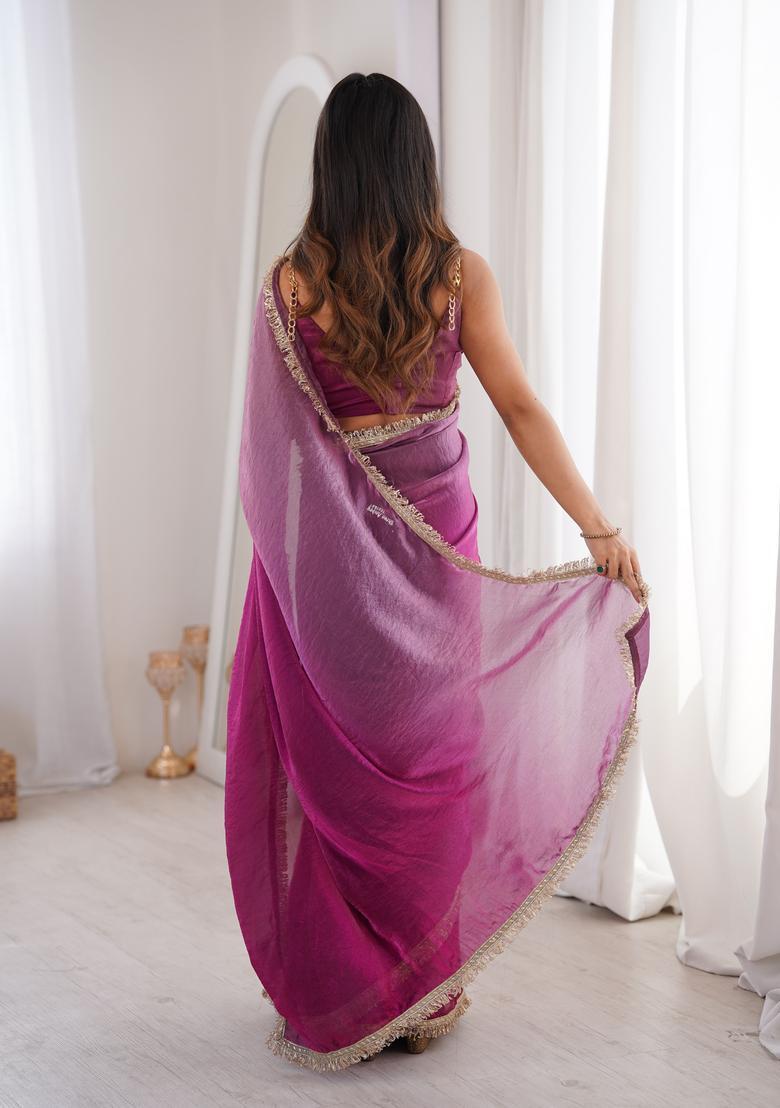 Wine Sequin Work Satin Saree Set - Indya