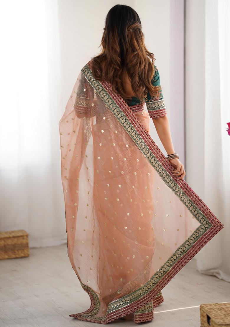 Peach Sequin Work Silk Saree Set - Indya