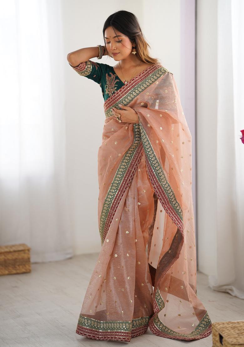 Peach Sequin Work Silk Saree Set - Indya