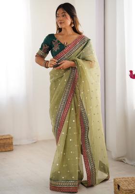 Green Sequin Work Silk Saree Set