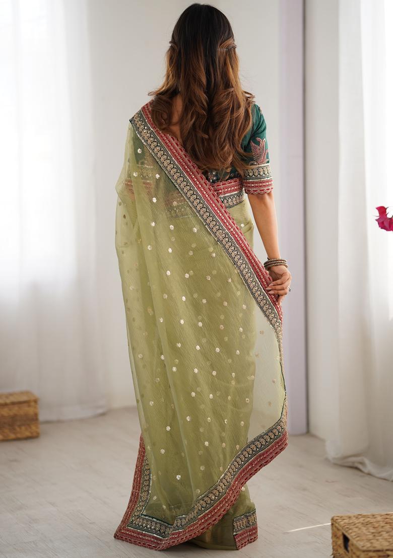 Green Sequin Work Silk Saree Set - Indya