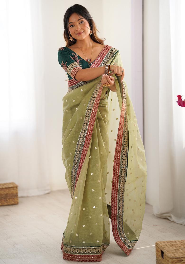 Green Sequin Work Silk Saree Set - Indya